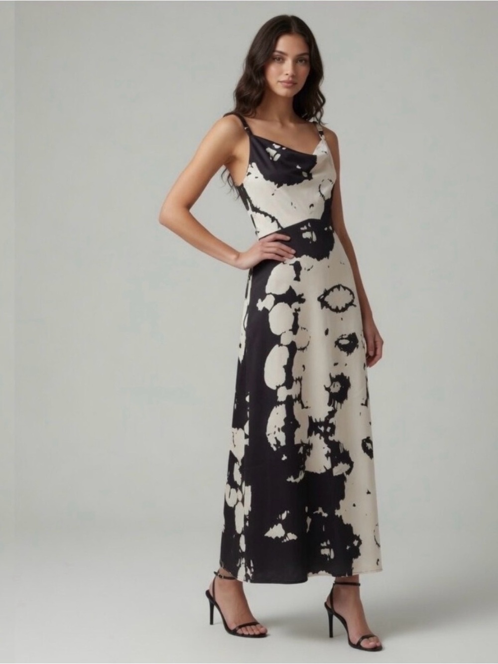 NWT Line and Dot Satin Maxi Dress Abstract Print Gown Brown Crowl Neck Revolve